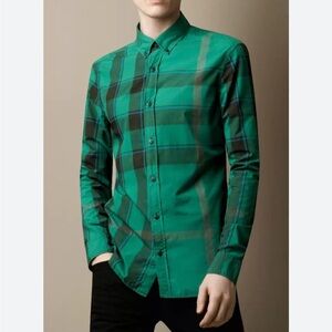 Burberry Brit Nova Check Shirt Green Full Button Down Cotton Top Plaid Designer